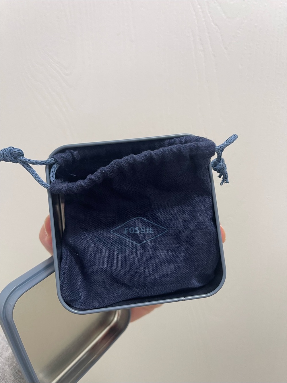 Fossil initial J necklace with Navy Drawstring Pouch and box